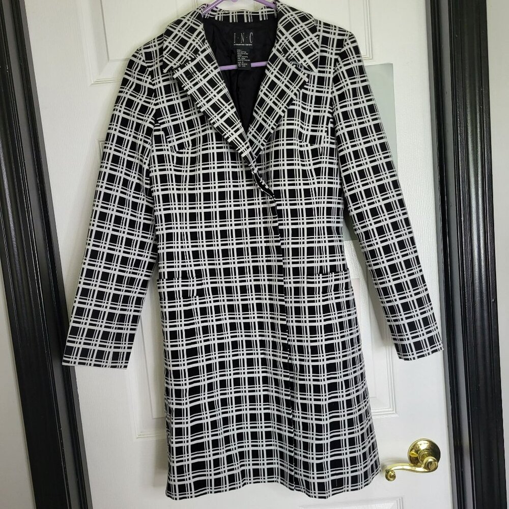 INC Women's Black & White Plaid Long Coat Size 2